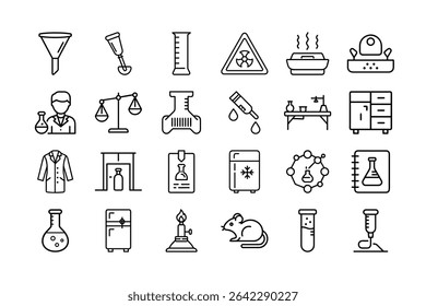 A collection of science laboratory equipment and tools are shown as outline icons, including a scientist and a mouse.