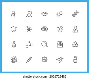Collection of science linear icons and color icons. microbiology, chemical, element, medicine, technology. Set of flat, line symbols drawn with thin contour lines. Vector illustration.