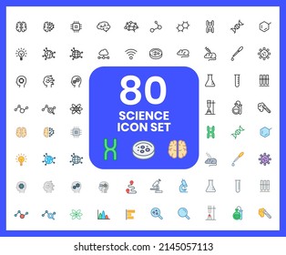Collection of science linear icons and color icons. genes, brains, technologies, experiments. Set of bases, chromosomes symbols drawn with thin contour lines.