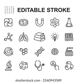 Collection of science related icons. Thin line vector. Contains icons such as telescope, bacteria, and many more.