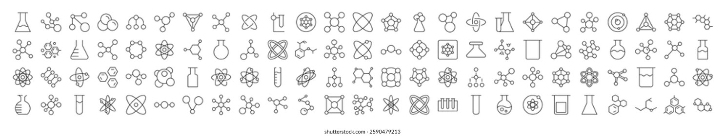 Collection of Science Related Line Icons. Editable Stroke for Design, Web Sites, Apps, Cards. Contains Linear Images of Chemical Compound, Atom, Laboratory Bulb