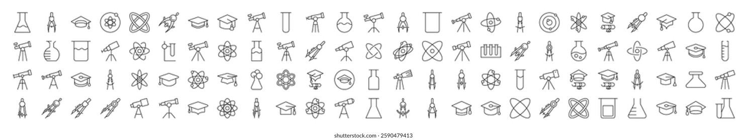 Collection of Science Related Line Icons. Editable Stroke for Design, Web Sites, Apps, Cards. Contains Linear Images of Laboratory Bulb, Compass, Atom, Telescope