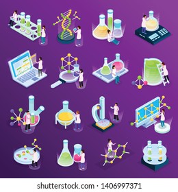 Collection with science research isometric glow icons with colourful liquids in glass tubes computers amd molecules vector illustration