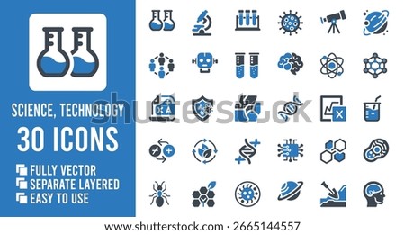 A collection of science and technology icons in blue and dark blue on a white and blue background.