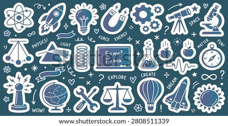 A collection of science-themed illustrations including atoms, rockets, light bulbs, magnets, gears, telescopes, microscopes, and equations.