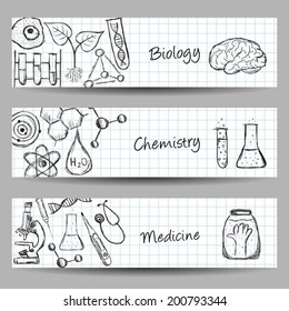 Collection of scientific illustrations on banners. Hand drawn style.