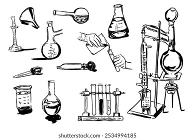 Una colección de instrumental científico y cristalería. La escena es científica y farmacéutica. Los instrumentos incluyen vasos de precipitados, tubos de ensayo y matraces, todos los cuales se utilizan en experimentos científicos