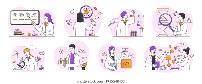 Sammlung wissenschaftlicher Forschungsarbeiten zu abstrakten Laborkonzepten. Junge Wissenschaftler, Chemiker, Ärzte, Mikrobiologen, arbeiten im Labor. Satz von minimalistischen, flachen Vektorgrafiken