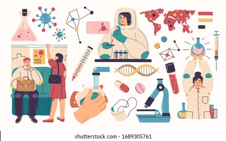 Collection of scientists, doctors or researchers in laboratory. People working in lab, medicines, medical equipment. Illustrations isolated on white background. Flat cartoon colorful vector.