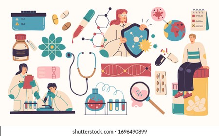 Collection of scientists, doctors or researchers in laboratory. People working in lab, medicines, medical equipment. Illustrations isolated on white background. Flat cartoon colorful vector.