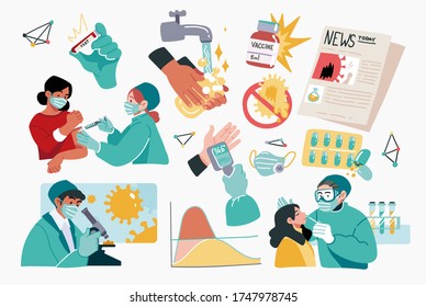 Collection of scientists, doctors or researchers in laboratory. People working in lab, medicines, medical equipment. Illustrations isolated on white background. Flat cartoon colorful vector illustrati