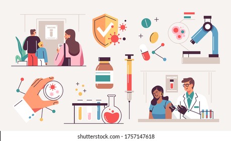 Collection of scientists, doctors or researchers in laboratory. People working in lab, medicines, medical equipment. Illustrations isolated on white background. Flat cartoon colorful vector