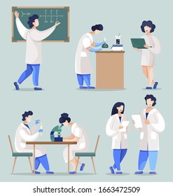 Collection of scientists and professors. Chemistry lessons and explanation of chemical processes. Researchers conducting experiments in laboratory. Isolated students set. Vector in flat style