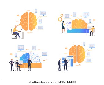 Collection of scientists studying brain. Group of business people doing research of customers needs. Vector illustration for presentation, analysis, learning statistics