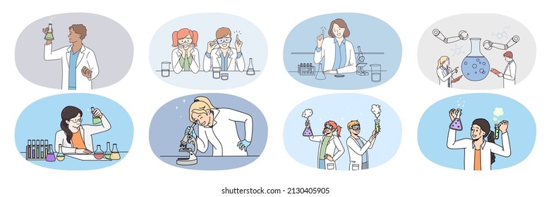 Collection of scientists work in lab experiment with cell using test tubes and microscope. Set of researchers in medical uniform develop vaccine in laboratory. Pharmacy concept. Vector illustration. 