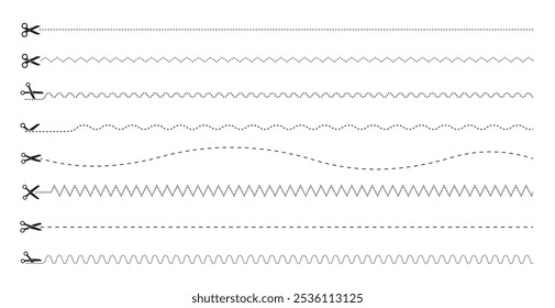 Collection of scissor cutting vector lines zigzag, dotted, curved, straight patterns. Template scissors icons set with cut lines. Black scissors for you design. Vector illustration.