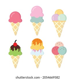Collection scoops of ice cream cone icons set on a white background. Full color pastel. Vector illustration. Eps 10.