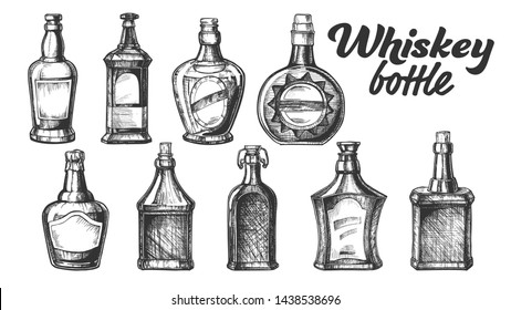 Collection Of Scotch Whisky Bottle Set Vector. Different Hand Drawn Stylish Modern And Vintage Bottle of Traditional England Grain Alcoholic Drink. Monochrome Mockup Design Cartoon Illustration