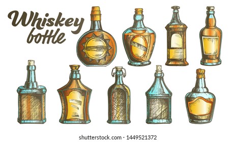 Collection Of Scotch Whisky Bottle Set Vector. Different Hand Drawn Stylish Modern And Vintage Bottle of Traditional England Grain Alcoholic Drink. Color Mockup Design Illustrations