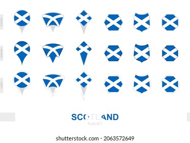 Collection of the Scotland flag in different shapes and with three different effects. Vector flag set.