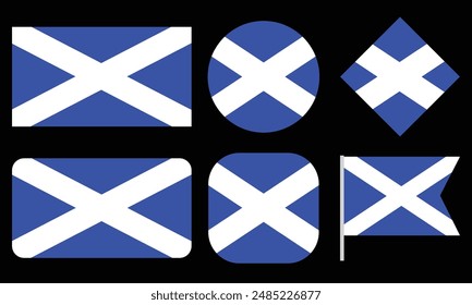 Collection of Scotland flag vector isolated on black background.