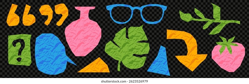 Collection of scrapbook crumpled elements. Set of vector isolated illustrations. Zine popart cartoon glasses, marks and vase . Isolated at the transparent bg as a png. 
