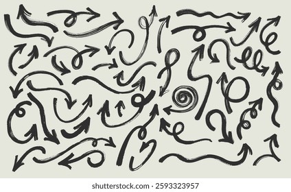 Collection Of Scrawls And Scribbles. Direction Pointers Arrows. Hand Drawn Grunge Lines And Abstract Arrows Set. Dry Grunge Arrows Vector Highlight Underline, Paint Bold Brush Strokes.