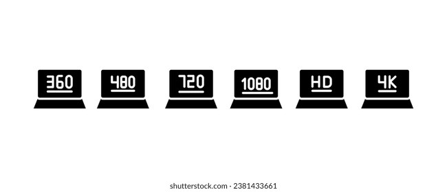 
Collection of screen resolution icons on laptop. Monitor size symbols.360,480,720,1080, Hd, 4K, screen and TV quality. Vector illustration.. isolated on white background.
