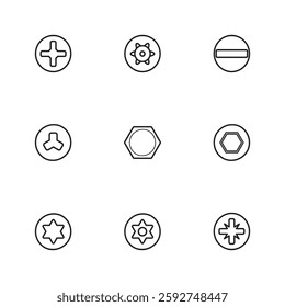 Collection of screw head icons in black outline style, featuring various types like Phillips, Torx, hex, and slotted. Ideal for tool guides, hardware manuals, and engineering illustrations.