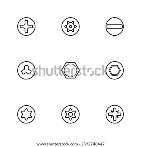Collection of screw head icons in black outline style, featuring various types like Phillips, Torx, hex, and slotted. Ideal for tool guides, hardware manuals, and engineering illustrations.