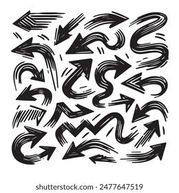 A Collection of Scribble Arrow Strokes in Varied Sizes and Directions, Black brush stroke arrow set.