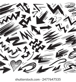 A Collection of Scribble Arrow Strokes in Varied Sizes and Directions, Black brush stroke arrow set.