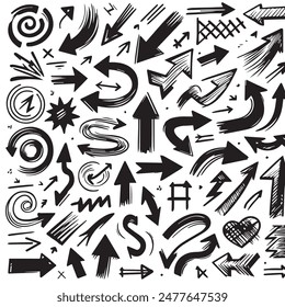 A Collection of Scribble Arrow Strokes in Varied Sizes and Directions, Black brush stroke arrow set.