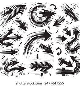 A Collection of Scribble Arrow Strokes in Varied Sizes and Directions, Black brush stroke arrow set.