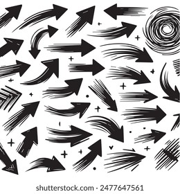 A Collection of Scribble Arrow Strokes in Varied Sizes and Directions, Black brush stroke arrow set.