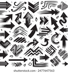 A Collection of Scribble Arrow Strokes in Varied Sizes and Directions, Black brush stroke arrow set.