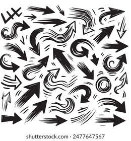 A Collection of Scribble Arrow Strokes in Varied Sizes and Directions, Black brush stroke arrow set.