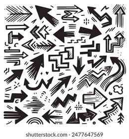 A Collection of Scribble Arrow Strokes in Varied Sizes and Directions, Black brush stroke arrow set.