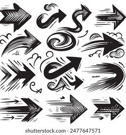 A Collection of Scribble Arrow Strokes in Varied Sizes and Directions, Black brush stroke arrow set.
