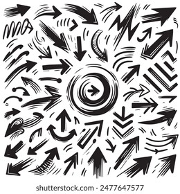 A Collection of Scribble Arrow Strokes in Varied Sizes and Directions, Black brush stroke arrow set.