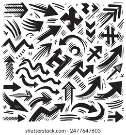 A Collection of Scribble Arrow Strokes in Varied Sizes and Directions, Black brush stroke arrow set.