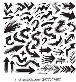 A Collection of Scribble Arrow Strokes in Varied Sizes and Directions, Black brush stroke arrow set.