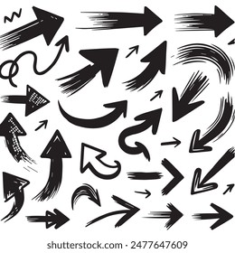A Collection of Scribble Arrow Strokes in Varied Sizes and Directions, Black brush stroke arrow set.