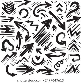 A Collection of Scribble Arrow Strokes in Varied Sizes and Directions, Black brush stroke arrow set.