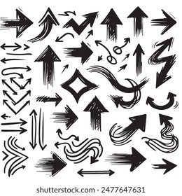 A Collection of Scribble Arrow Strokes in Varied Sizes and Directions, Black brush stroke arrow set.