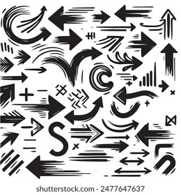 A Collection of Scribble Arrow Strokes in Varied Sizes and Directions, Black brush stroke arrow set.