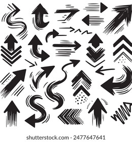 A Collection of Scribble Arrow Strokes in Varied Sizes and Directions, Black brush stroke arrow set.