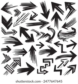 A Collection of Scribble Arrow Strokes in Varied Sizes and Directions, Black brush stroke arrow set.