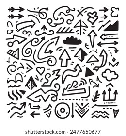 A Collection of Scribble Arrow Strokes in Varied Sizes and Directions