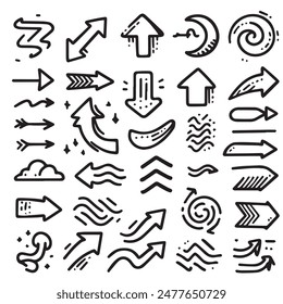 A Collection of Scribble Arrow Strokes in Varied Sizes and Directions